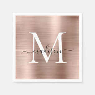 Pink Rose Gold Monogram Girly Script Brushed Metal Napkins
