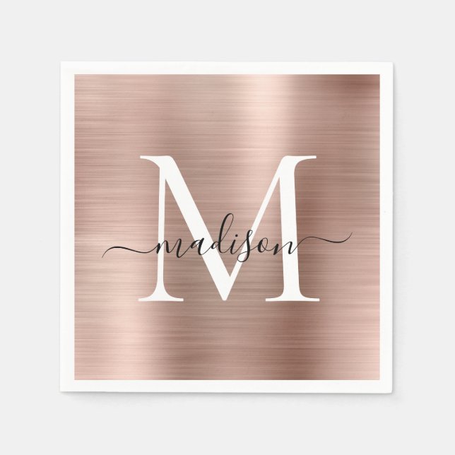 Pink Rose Gold Monogram Girly Script Brushed Metal Napkins (Front)