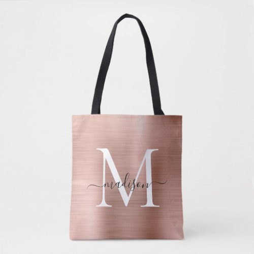 Pink Rose Gold Monogram Glam Brushed Metal Script Tote Bag