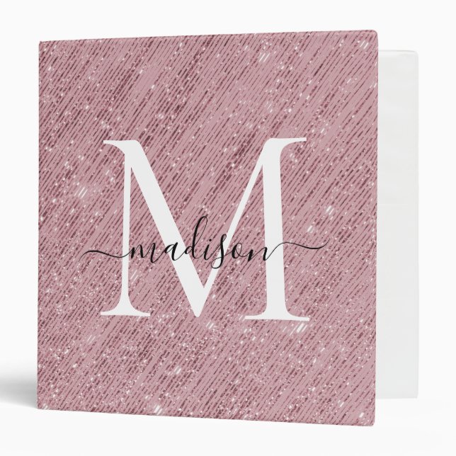 Pink Rose Gold Monogram Script Glam Glitter Tinsel 3 Ring Binder (Front/Inside)