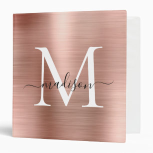 Pink Rose Gold Monogram Script Glam Metallic Steel 3 Ring Binder