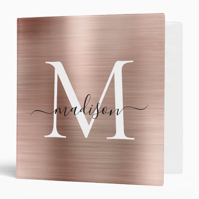 Pink Rose Gold Monogram Script Glam Metallic Steel 3 Ring Binder (Front/Inside)