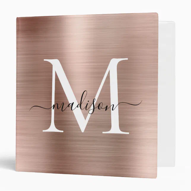 Pink Rose Gold Monogram Script Glam Metallic Steel 3 Ring Binder | Zazzle