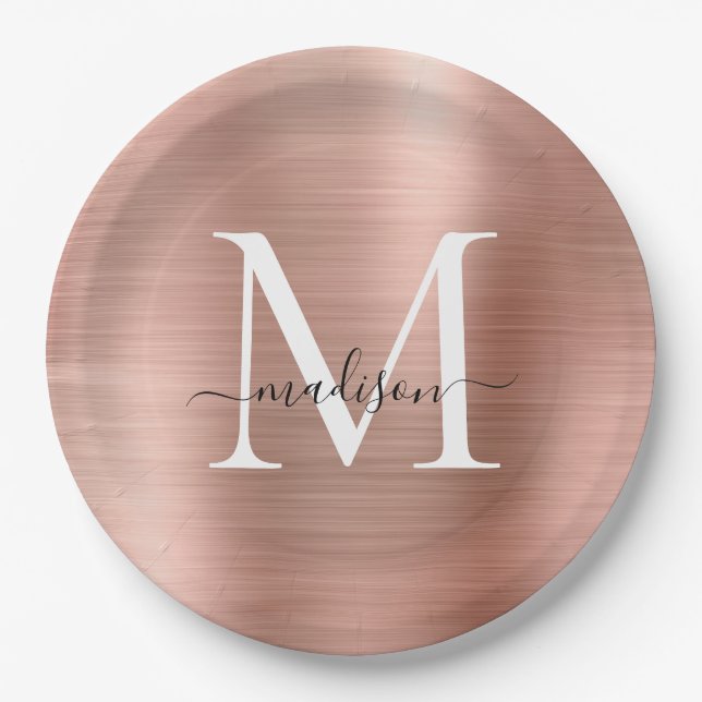 Pink Rose Gold Monogram Script Glam Metallic Steel Paper Plates (Front)