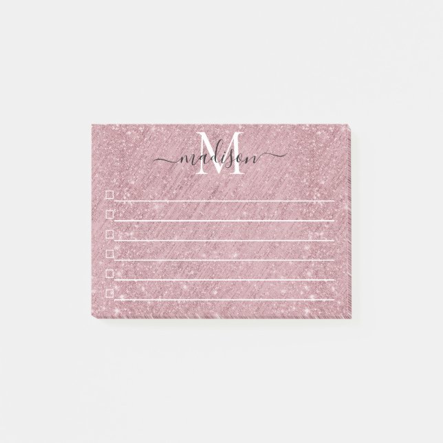 Pink Rose Gold Monogram Script Glitter Sparkle Post-it Notes (Front)