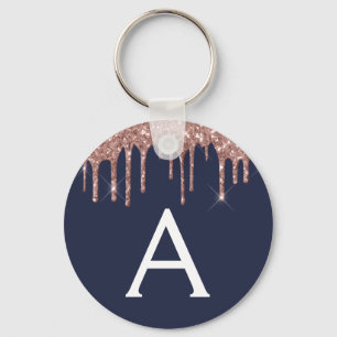 Pink Rose Gold Navy Blue Glitter Monogram Keychain