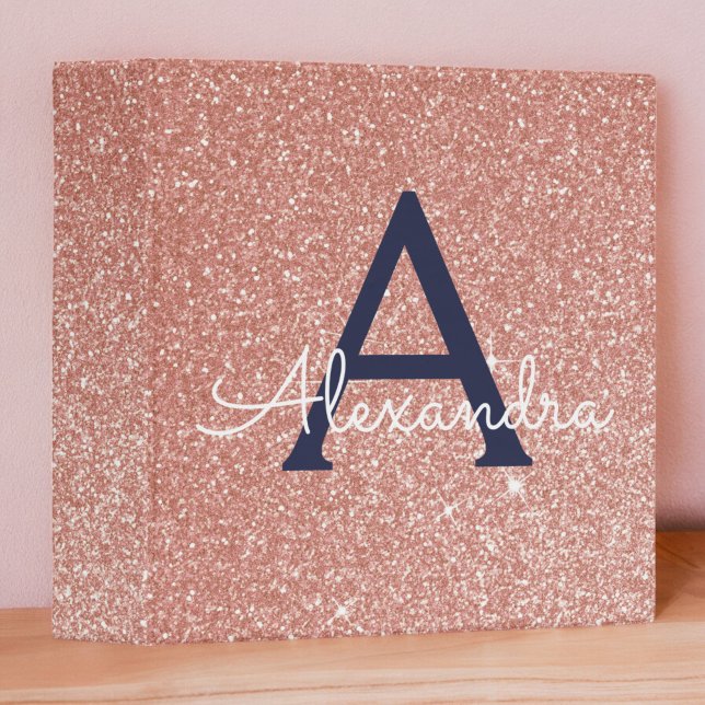 Pink Rose Gold Navy Blue Glitter Sparkle Monogram 3 Ring Binder (Creator Uploaded)