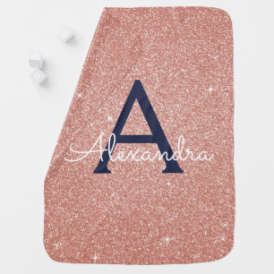 Pink Rose Gold Navy Blue Glitter Sparkle Monogram Baby Blanket