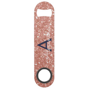 Pink Rose Gold Navy Blue Glitter Sparkle Monogram Bar Key