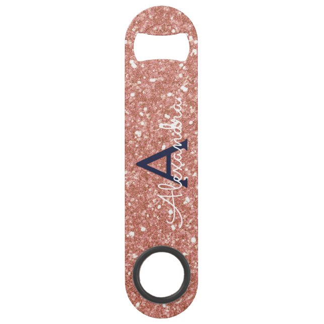 Pink Rose Gold Navy Blue Glitter Sparkle Monogram Bar Key (Front)