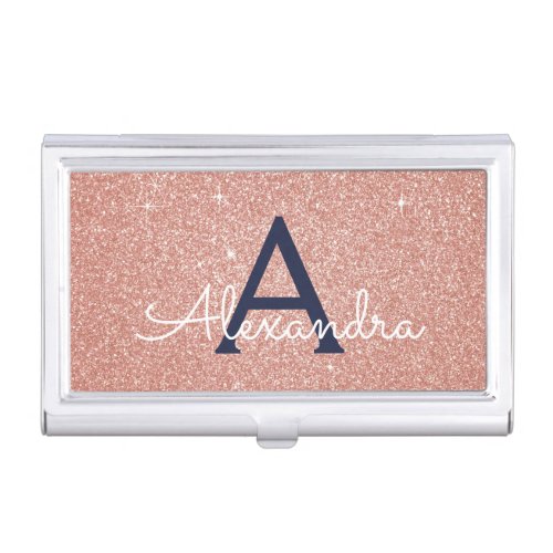 Pink Rose Gold Navy Blue Glitter Sparkle Monogram Business Card Case