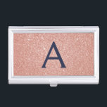 Pink Rose Gold Navy Blue Glitter Sparkle Monogram Business Card Case<br><div class="desc">Blush Pink Rose Gold and Navy Blue Faux Glitter and Sparkle Elegant Monogram Business Card Holder. This Business Card Holder can be customized to include your initial and first name.</div>