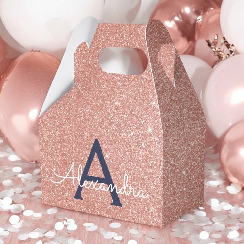 Pink Rose Gold Navy Blue Glitter Sparkle Monogram Favor Boxes