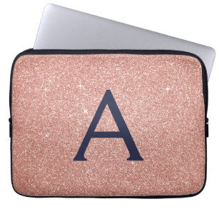 Pink Rose Gold Navy Blue Glitter Sparkle Monogram Laptop Sleeve