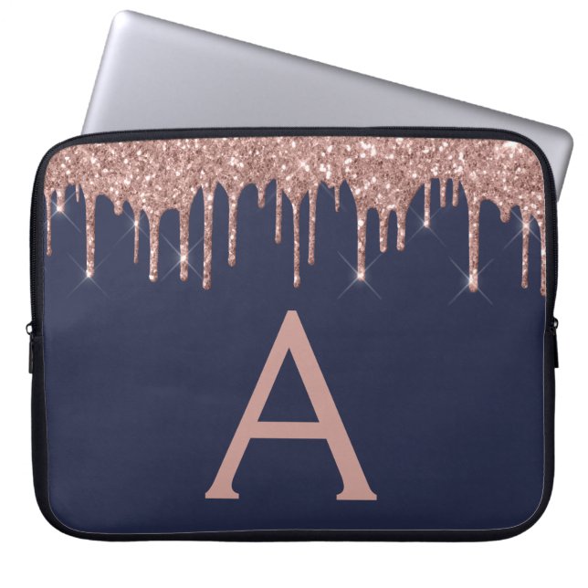 Pink Rose Gold Navy Blue Glitter Sparkle Monogram Laptop Sleeve (Front)