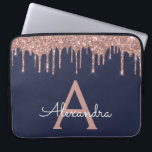 Pink Rose Gold Navy Blue Glitter Sparkle Monogram Laptop Sleeve<br><div class="desc">Pink Rose Gold and Navy Blue Faux Dripping Modern and Elegant Girly Glitter and Sparkle Elegant Monogram Case. This case can be customized to include your initial and first name.</div>