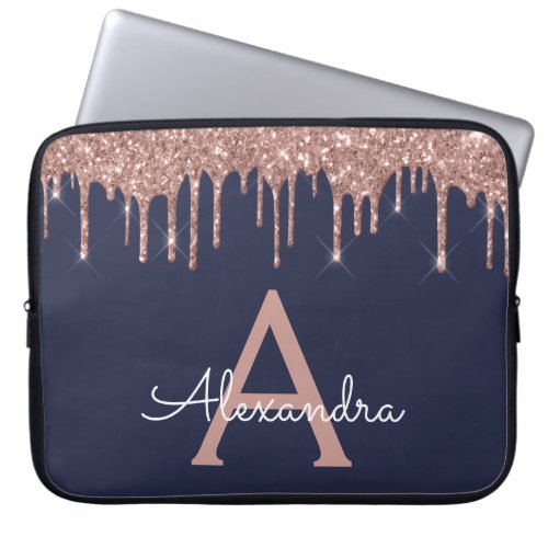 Pink Rose Gold Navy Blue Glitter Sparkle Monogram Laptop Sleeve