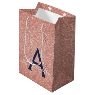 Pink Rose Gold Navy Blue Glitter Sparkle Monogram Medium Gift Bag