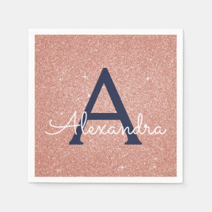 Pink Rose Gold Navy Blue Glitter Sparkle Monogram Napkins