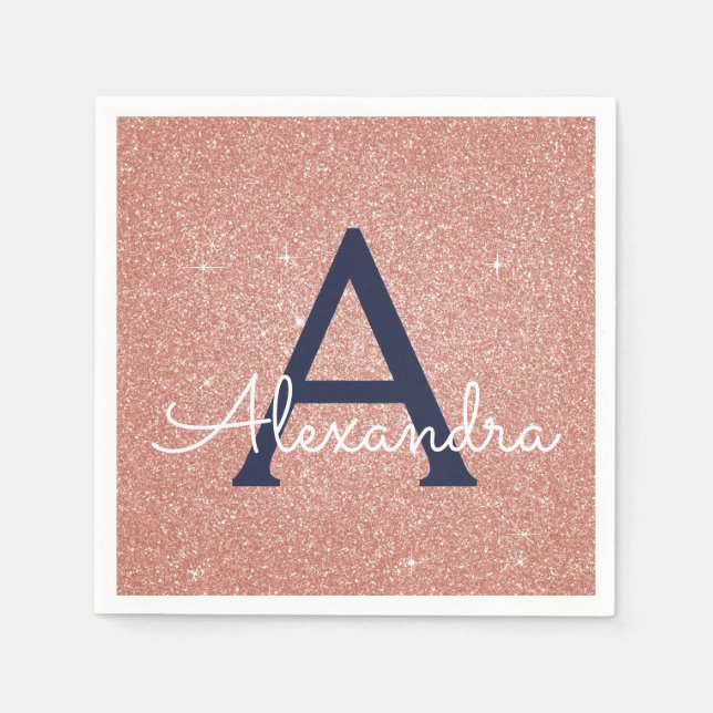 Pink Rose Gold Navy Blue Glitter Sparkle Monogram Napkins (Front)