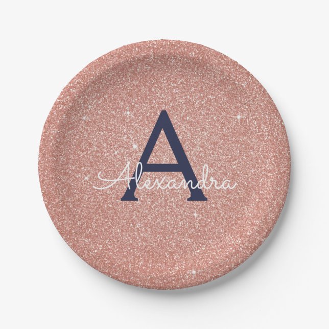 Pink Rose Gold Navy Blue Glitter Sparkle Monogram Paper Plates (Front)