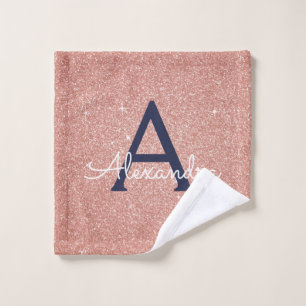 Pink Rose Gold Navy Blue Glitter Sparkle Monogram Wash Cloth