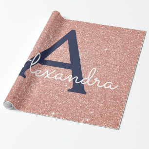 Pink Rose Gold Navy Blue Glitter Sparkle Monogram Wrapping Paper