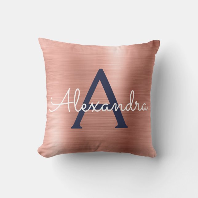 Pink Rose Gold Navy Blue Monogram Name Throw Pillow (Front)