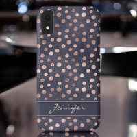 Pink Rose Gold - Navy Blue Polka Dot Pattern