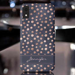 Pink Rose Gold - Navy Blue Polka Dot Pattern iPhone XR Case