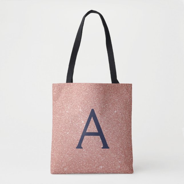 Pink Rose Gold Navy Blue Sparkle Elegant Monogram Tote Bag (Front)
