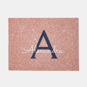 Pink Rose Gold Navy Blue Sparkle Glitter Monogram Doormat
