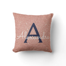 Pink Rose Gold Navy Blue Sparkle Glitter Monogram Throw Pillow