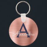 Pink Rose Gold Navy Blue Stainless Steel Monogram Keychain<br><div class="desc">Pink Rose Gold and Navy Blue Faux Stainless Steel Metallic Elegant Keychain. These Keychains can be customized to include your initial and first name. These key chains make great birthday,  bridal shower or bachelorette party favors.</div>