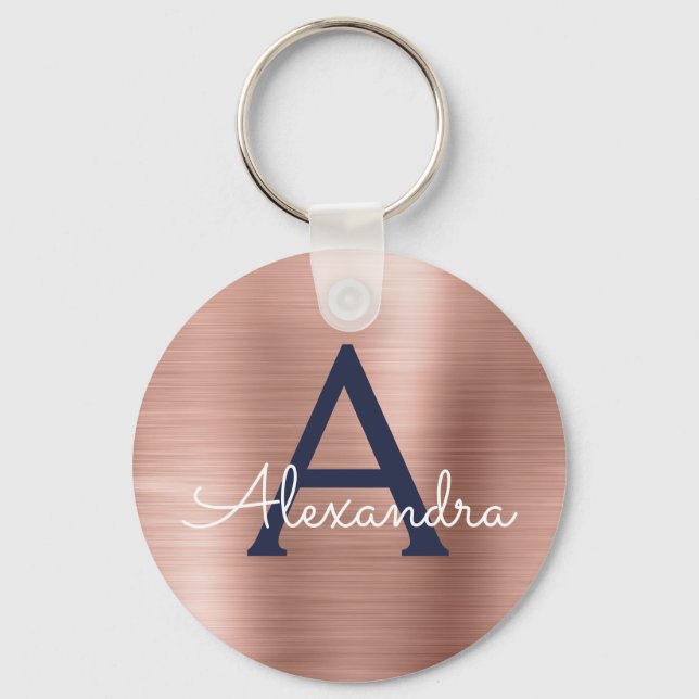 Pink Rose Gold Navy Blue Stainless Steel Monogram Keychain (Front)