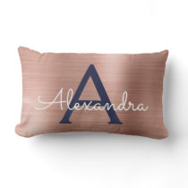 Pink Rose Gold Navy Blue Stainless Steel Monogram Lumbar Pillow