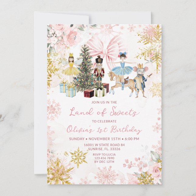 Pink Rose Gold Nutcracker Christmas Bow Birthday Invitation (Front)