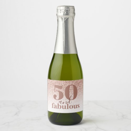 Pink Rose Gold Ombre Fifty and Fabulous Birthday Sparkling Wine Label