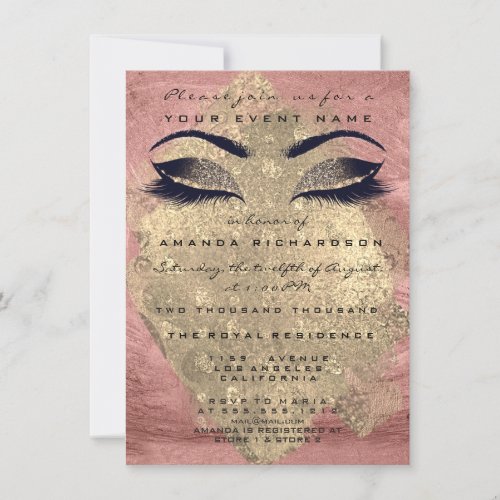 Pink Rose Gold Pain Makeup Eye Glitter 16th Bridal Invitation