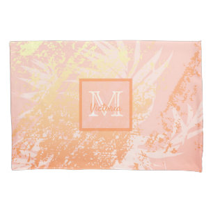 Pink rose gold palm tree leaves coral pillow case
