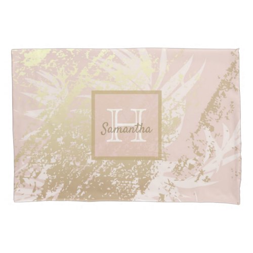 Pink rose gold palm tree leaves white pillow case