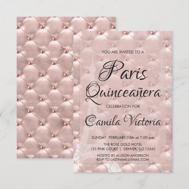 Pink Rose Gold Paris Quinceañera Celebration Invitation (Front/Back)