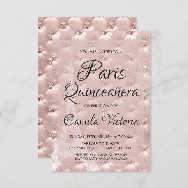 Pink Rose Gold Paris Quinceañera Celebration Invitation (Front/Back)