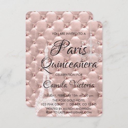 Pink Rose Gold Paris Quinceaera Celebration Invitation