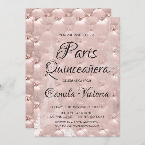 Pink Rose Gold Paris Quinceaera Celebration Invitation