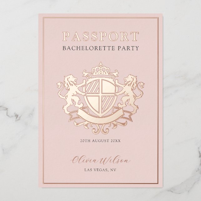 Pink & Rose Gold Passport Bachelorette Party Foil Invitation (Front)