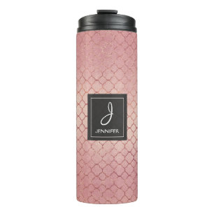 Pink Rose Gold Pattern Elegant Monogram Thermal Tumbler