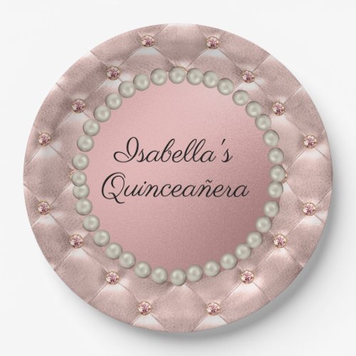 Pink Rose Gold Pearls Quinceaera Photo  Paper Plates