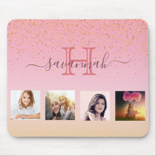 Pink rose gold photo monogram name mouse pad