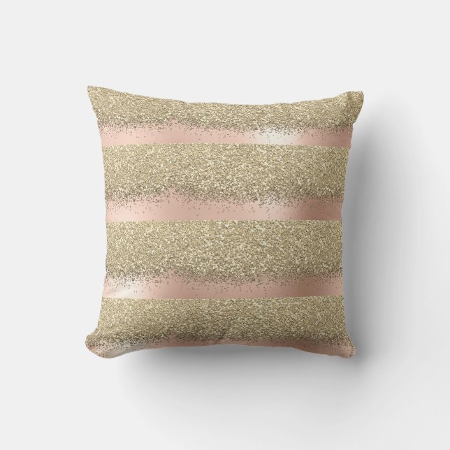 Pink Rose Gold Powder Blush Lux Glitter Stripes Throw Pillow (Front)